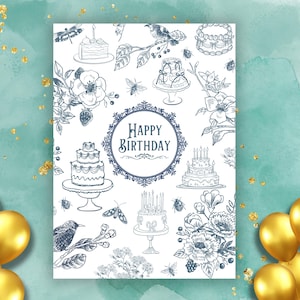 Vintage Toile Greeting Card- Whimsical Birthday Cake Patterned 5x7 Card-Digital Product