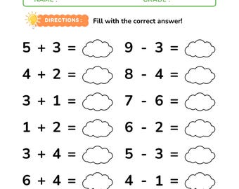 Schede di matematica per addizioni e sottrazioni in formato PDF stampabile / Esercizi di matematica per la scuola materna e la prima elementare / Divertenti schede di matematica colorate per bambini