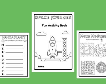 Libro di attività spaziali per bambini in formato PDF stampabile, 19 pagine da colorare, download immediato.