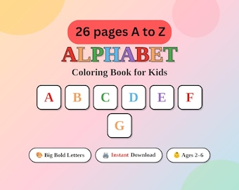 Libro da colorare dell'alfabeto per bambini dalla A alla Z / 26 lettere con immagini / PDF stampabile per la scuola materna / Pagine da colorare ABC download immediato