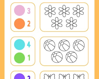 Schede di conteggio e colorazione per bambini / Riconoscimento dei numeri stampabile per la scuola materna / Libro di attività di conteggio per bambini piccoli / Pagine da colorare di matematica per la scuola materna in PDF