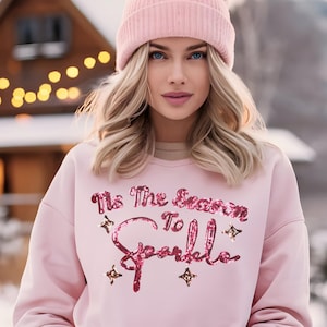 Tis the season to Sparkle sweater with real sequin / Pink and Gold sequin on a unisex sweatshirt / Retro holiday top