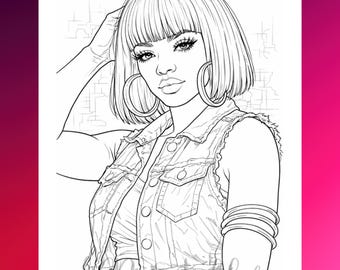Pagina da colorare di una donna nera: donna elegante stampabile (download PDF)