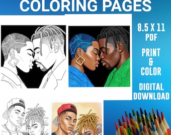 Dibujos para colorear de parejas afroamericanas, arte lineal afroamericano, para adultos, imprimible, descarga instantánea