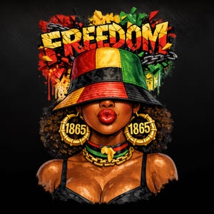 Op de afbeelding: Digitale kunst van een persoon met een vissershoed met rode, gele en groene strepen. Het woord "FREEDOM" staat boven de hoed. Gouden oorringen tonen het jaar "1865". Een gouden ketting met een Afrikaanse continent hanger is ook zichtbaar.