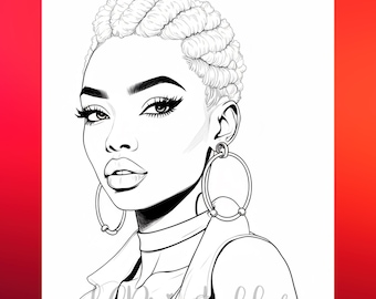 May include: A monochrome illustration of a woman with short, textured hair and large hoop earrings. The woman has full lips, defined eyebrows, and long eyelashes. The image includes the text "LC Printables" at the bottom.