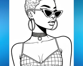 Pagina da colorare di una ragazza afro-nera: donna elegante stampabile (download PDF)