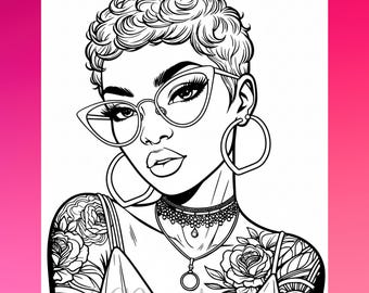 May include: Black and white illustration of a woman with short, curly hair, wearing cat-eye glasses and large hoop earrings. She has a choker necklace and a pendant. Floral tattoos adorn her shoulder and arm. The image has the text "LC Printables" at the bottom.
