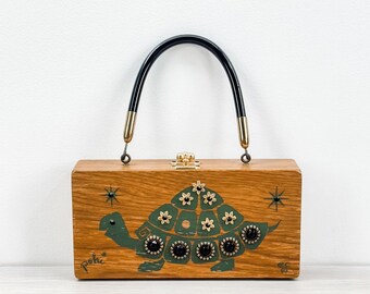 Vintage Enid Collins Poki Turtle Wood Box Purse Jeweled Handbag 1965
