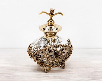 Vintage Art Nouveau Style Glass Perfume Bottle Gold Tone Filigree Vanity Bottle