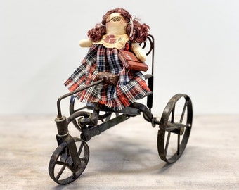 Toy Cloth Doll and Miniature Victorian Iron Tricycle Velocipede Replica with Carriage Seat