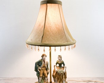 Vintage Boudoir Lamp Porcelain Figurine French Colonial Couple Brass Filigree Base Table Top Nursery or Night Light Works!