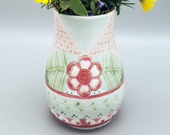 Small Handmade Floral Ceramic Vase. Country Chic