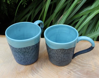 Handmade Ceramic Mugs with Carved Line Detail, Light and Dark Blue