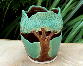 Small Handmade Hand Carved Decorative Ceramic Tree Vase