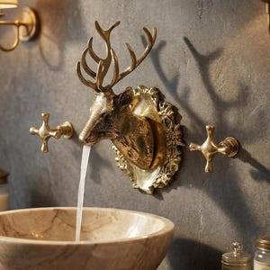 Op de afbeelding: Een goudkleurige hertengewei kraan met water dat in een marmeren wastafel stroomt. De kraan is aan een grijze muur bevestigd en de wastafel staat op een houten wastafelmeubel. Twee gouden wandkandelaars met lampenkappen bevinden zich aan de muur.