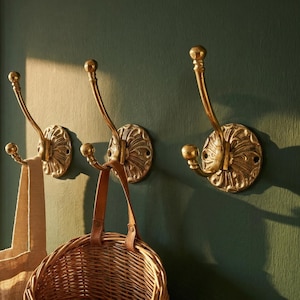 Handmade Brass Ball Top Wall Hook, Solid Brass Victorian Shell Backplate Double Hook, Coat Towel & Robe Hook, Made in Morocco