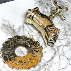Handmade Unlacquered Brass Fish Faucet – Moroccan Engraved Wall Mount Tap – Cold Water Spout – Functional Garden or Bathroom Fixture