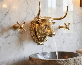 Grifo de latón Longhorn Bull, grifo de pared de latón macizo hecho a mano con caño en forma de cabeza de toro y manijas en forma de cruz / Baño de estilo rústico
