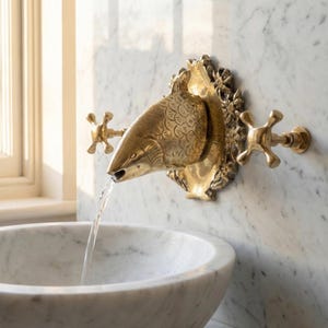 Rubinetto a forma di pesce in ottone / Rubinetto a parete in ottone massiccio fatto a mano con beccuccio a forma di pesce e maniglie a croce / Rubinetto nautico per bagno e cucina, prodotto in Marocco