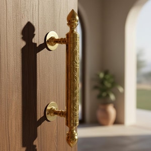 Handmade Moroccan Unlacquered Brass Door Handle - Large Engraved Solid Brass Door Pull for Entryway & Barn Doors - Luxury Artisan Hardware