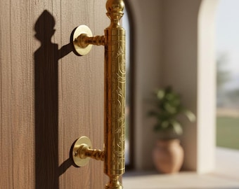 Handmade Moroccan Unlacquered Brass Door Handle - Large Engraved Solid Brass Door Pull for Entryway & Barn Doors - Luxury Artisan Hardware