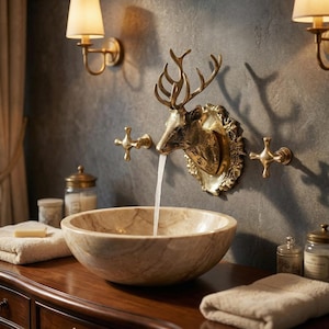Grifo de latón antiguo con forma de ciervo / Grifo de pared de latón macizo hecho a mano con forma de cabeza de ciervo, pátina natural y manijas en forma de cruz / Baño y cocina vintage