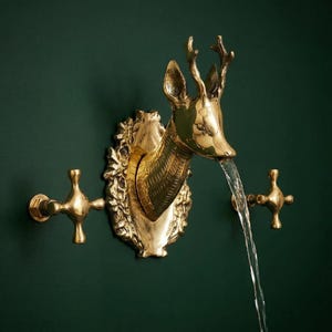 Brass Deer Head Faucet | Handmade Solid Brass Stag Wall Mount Faucet with Antlers & Cross Handles, Unlacquered Bathroom Kitchen Tap