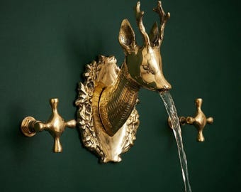Brass Deer Head Faucet | Handmade Solid Brass Stag Wall Mount Faucet with Antlers & Cross Handles, Unlacquered Bathroom Kitchen Tap