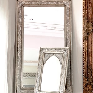 Large Moroccan Wall Mirror – Vintage Full Length Arched Silver Mirror, Arab Style Home Decor