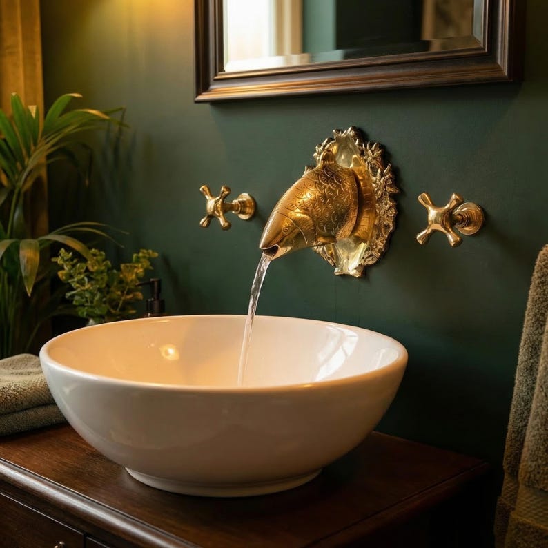 Brass Fish Faucet | Handmade Solid Brass Fish Spout Wall Tap With Cross ...