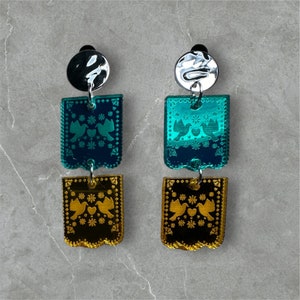 Papel picado, Mexican, fiesta, party, mirror acrylic, laser made, dangle earrings.