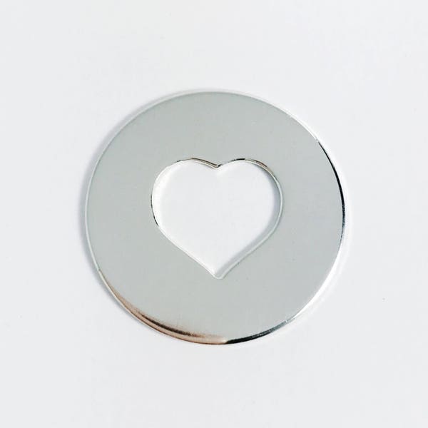 One - 1 inch 20 Gauge Sterling Silver Heart Center Washer - Round Circle Washer Heart Cut Out in Center Jewelry Stamping Supplies