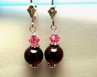 LILY  Red Garnet Pink Swarovski Crystal 1-3/8” Sterling Silver Earrings  E646a