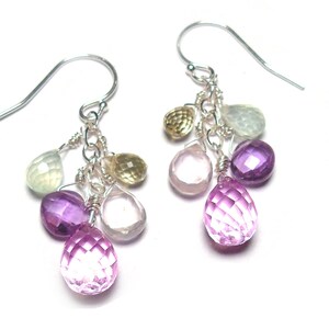 WILDFLOWERS LC Pink Sapphire Amethyst Lemon Quartz Prehnite Rose Quartz  Briolette Sterling Silver 1-5/8” Earrings E805a