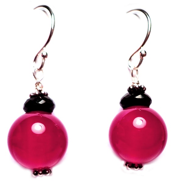 FUCHSIA EXTREME Pink Agate Black Garnet 1" Dangle Sterling Silver Earrings E610b