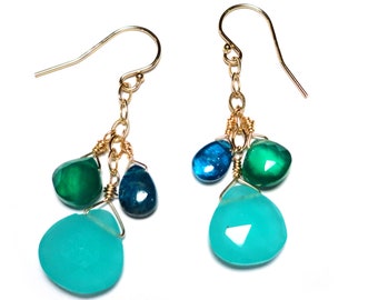 TROPICAL BREEZE Aqua Chalcedony Blue Apatite Green Onyx 12k gold fill Briolette 1.75” Earrings E903a