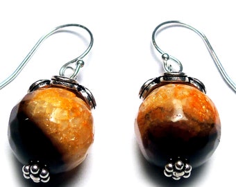 SUN CRYSTAL  Yellow-Orange Fire Agate 1-1/8" Dangle Sterling Silver Earrings E632a