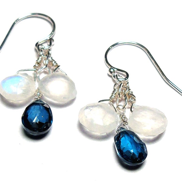 MOONLIGHT London Blue Topaz Moonstone Briolette Sterling Silver 1-3/8” Earrings E820a