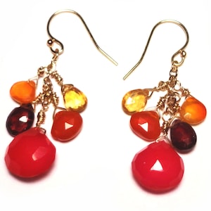TUTTI FRUTTI Pink Orange Red Gemstone Briolette Gold Dangle 1-5/8 inch Earrings E302
