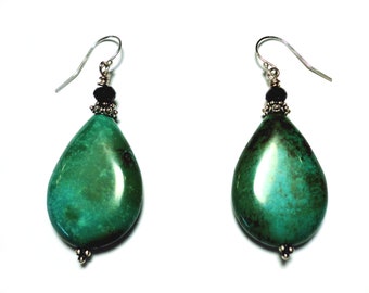 Green-blue TURQUOISE TEARS Melanite Garnet Sterling Silver 2 inch Dangle Earrings E508E
