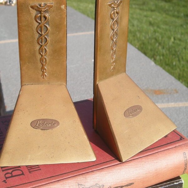 Medical Brass Bookends with Medical Emblem Salesman Souvenir Mod Modern Look