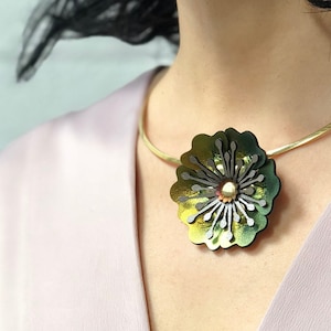 Boho Silver Flower Ribbon Necklace, Big Floral Pendant, Vegan