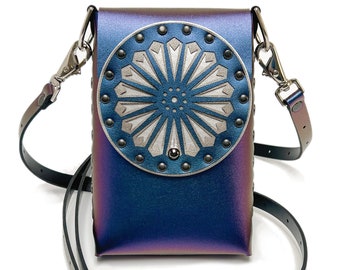 Peacock Arrow Motif Mobile Bag | Blue Iridescent Cell Phone/Travel Bag | Designer Handbag | Vegan Leather Purse | Handmade in USA by Mohop