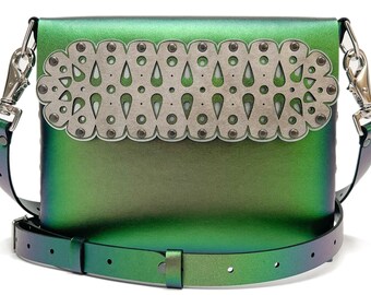 Emerald Square Bubble Motif Bag | Lasercut Designer Handbag | Green Iridescent Crossbody | Vegan Leather Purse | Handmade in USA by Mohop