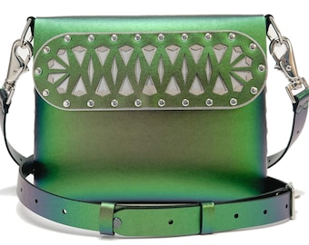 Emerald Square Arrow Motif Bag | Lasercut Designer Handbag | Green Iridescent Crossbody | Vegan Leather Purse | Handmade in USA by Mohop