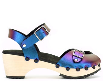 Peacock Peep Toe Clogs, Cobalt Iridescent Ankle Clogs, Mid Heel Peep Toe, Handmade Ankle Clogs, Vegan Clogs with Ankle Strap - Made in USA