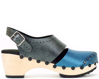 Azure and Slate Slingbacks, Blue and Grey Vegan Leather Slingbacks, Green Mid Heel Clogs, Closed Toe Clogs, Non Leather Clogs - Made in USA