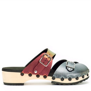 Silver and Red Peep Toe Clogs - Red Iridescent and Pewter Peep Toe Mules - Handmade Mule Clogs - Low Wooden Heel Peep Toe Mule - Made in USA