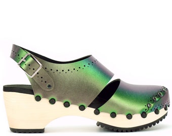 Green Iridescent Slingbacks, Emerald Vegan Leather Slingbacks, Green Mid Heel Clogs, Closed Toe Clogs, Non Leather Clogs - Made in USA